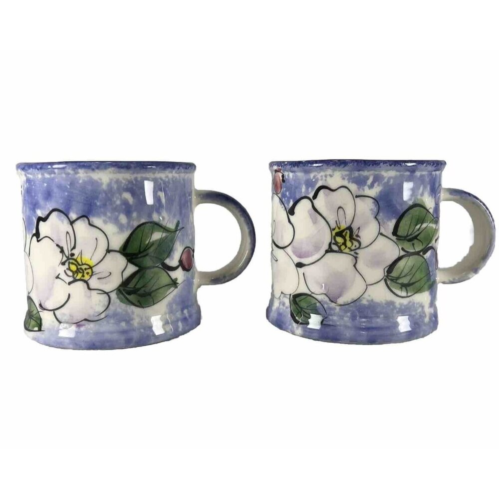 Bermuda Clayworks Hand Painted Blue Floral Pottery Mugs 11oz 3.5” Pair